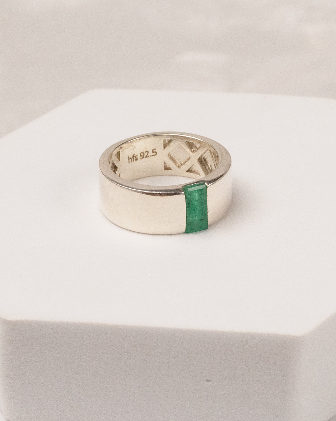 Wide Band Flush-Set Emerald Ring
