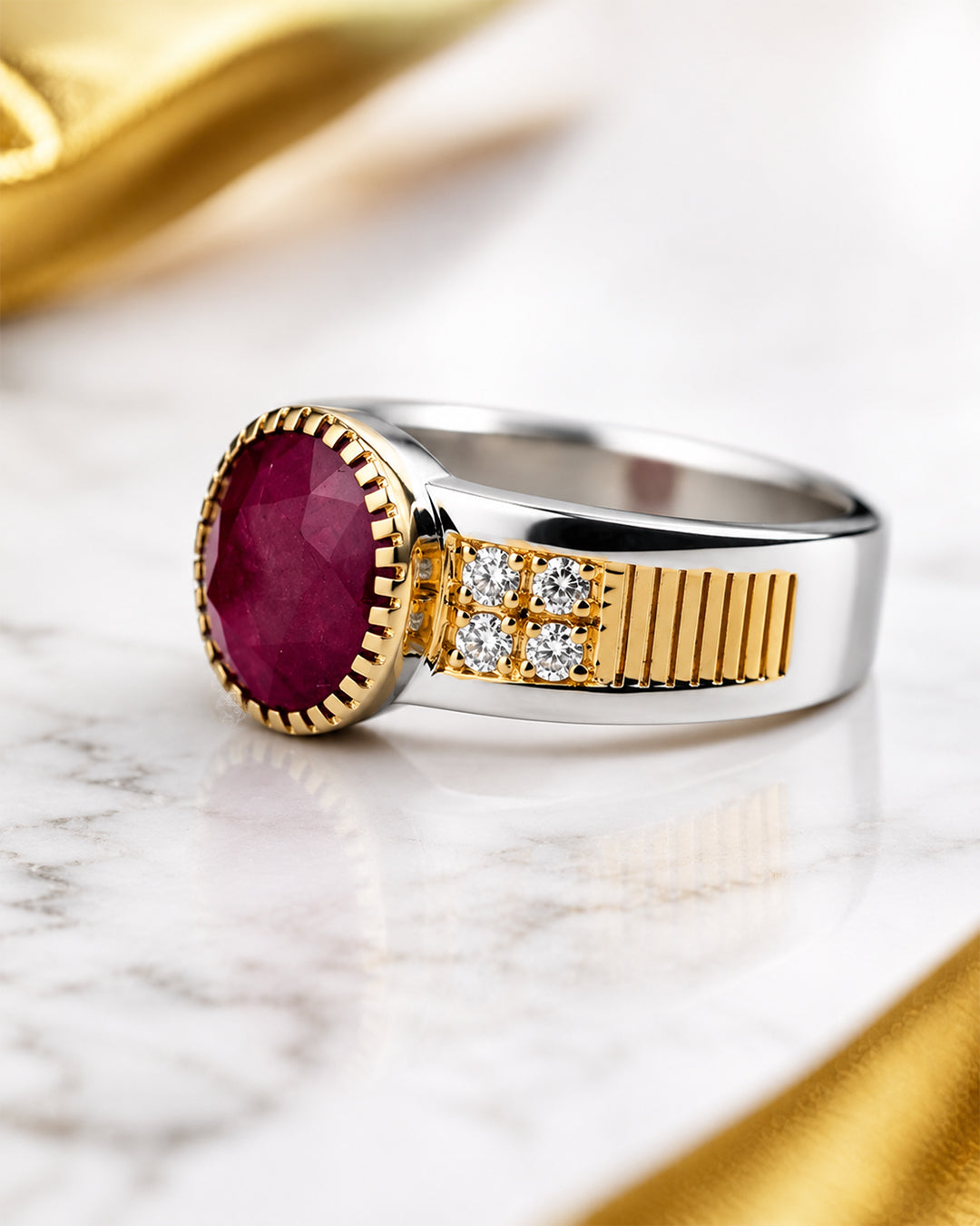 Royal Ruby Ring with Diamond Grid & Ribbed Gold Band