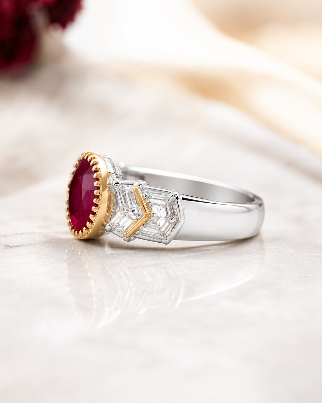 Ruby Ring with Baguette Diamond Wings