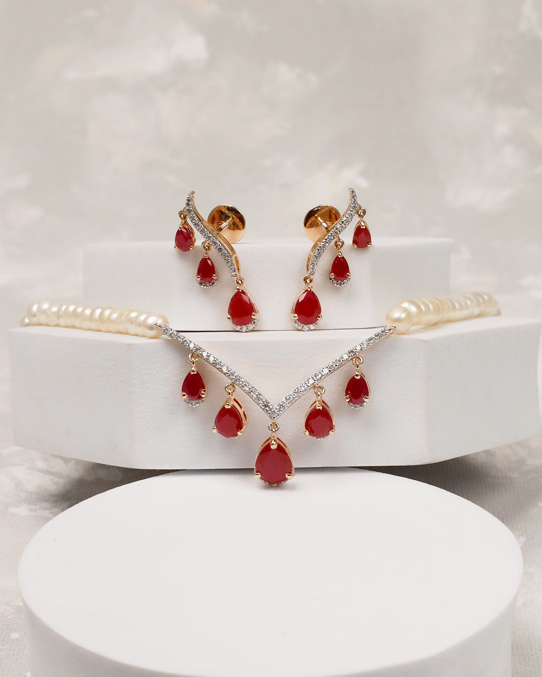 Rose Gold Ruby Drop V-Necklace & Earring Set