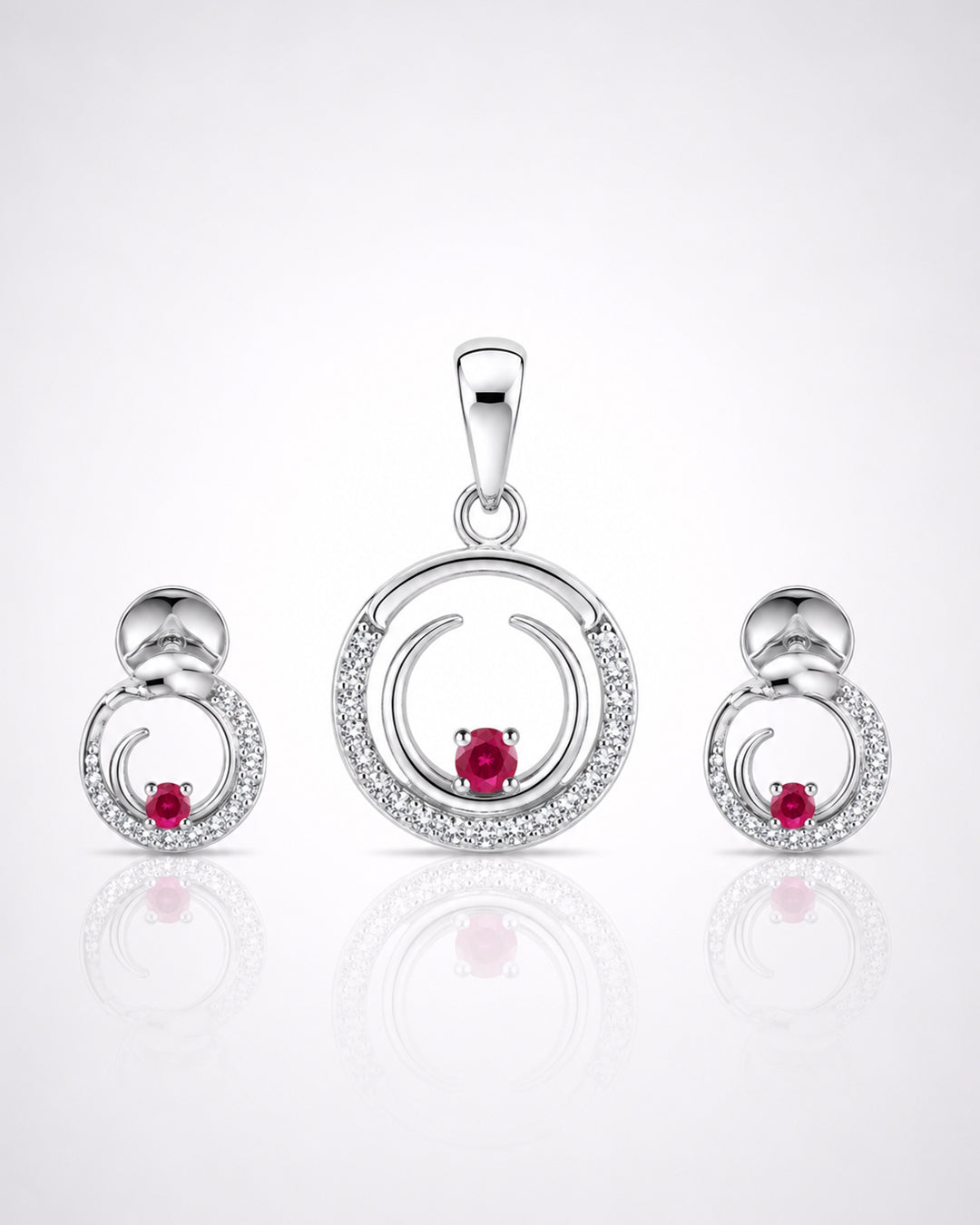 Ruby Solitaire Orbit CZ Circle Pendant & Stud Set