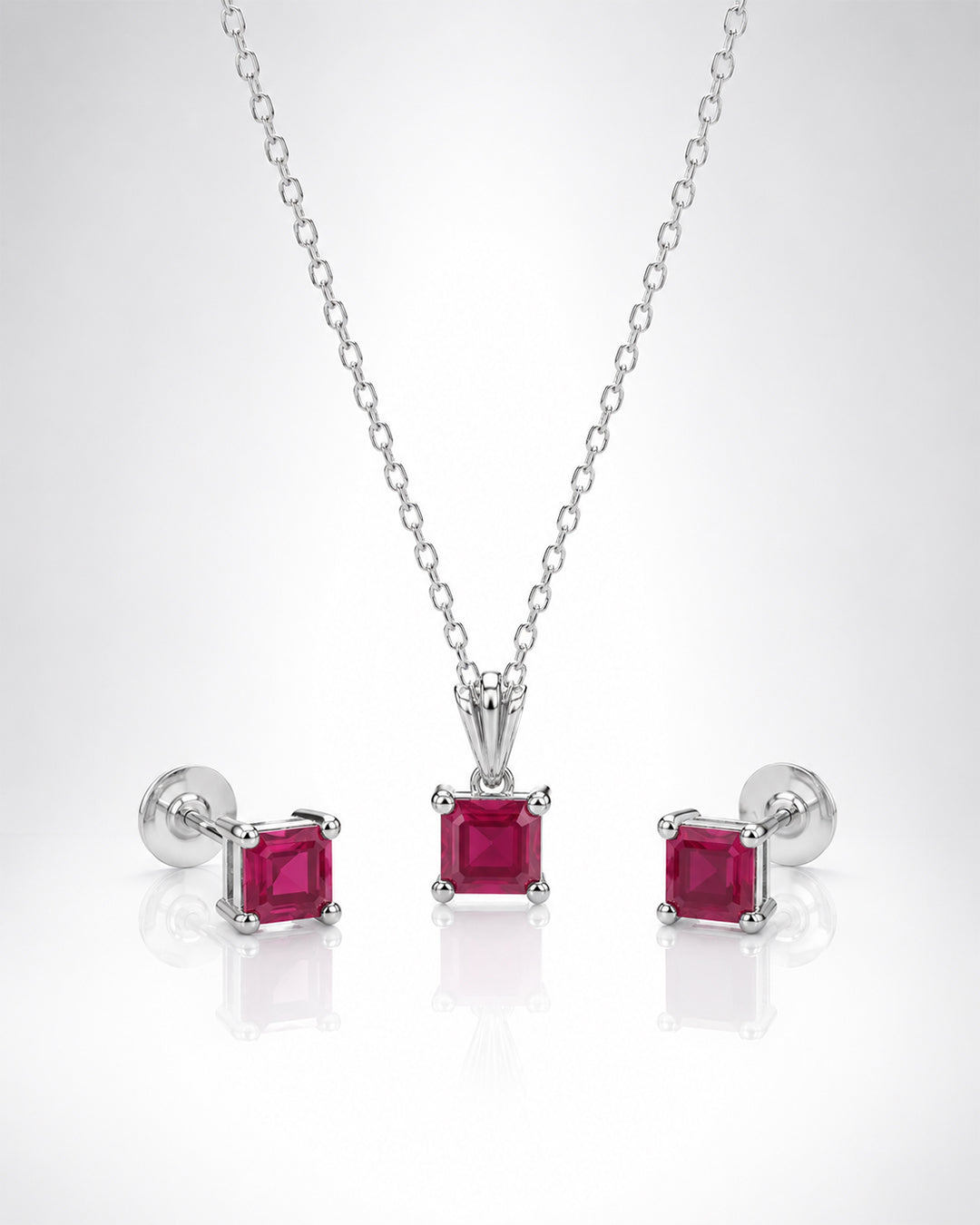 Ruby Red Square Solitaire Gold Pendant & Stud Set