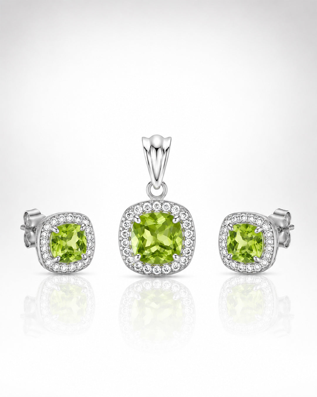 Peridot Green Cushion Halo Silver Pendant & Stud Set