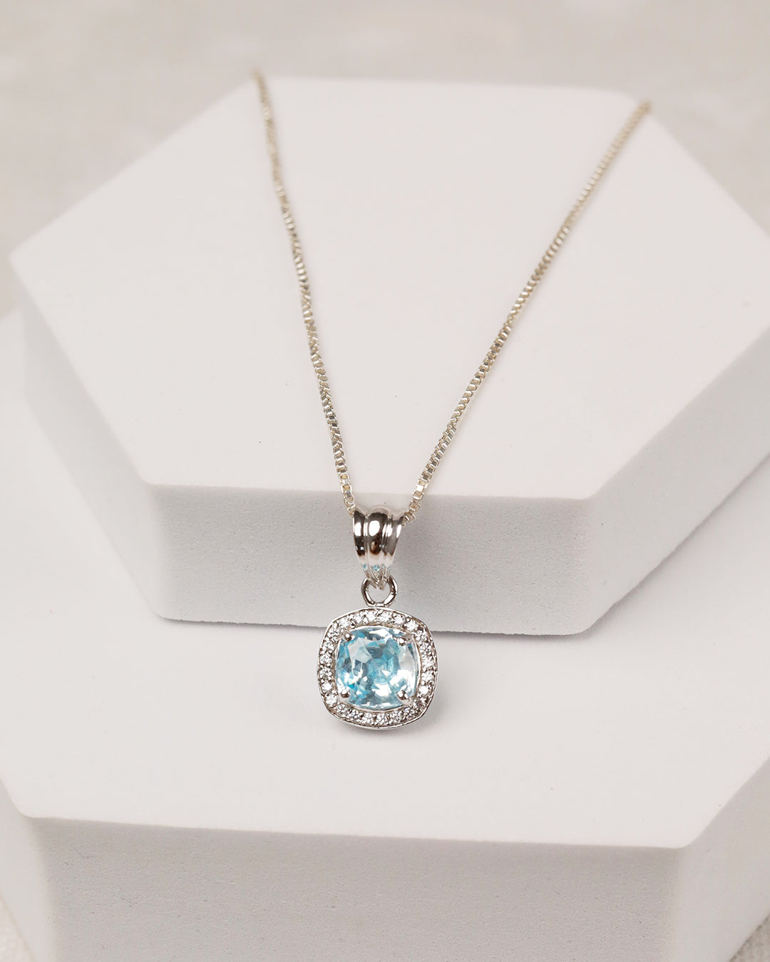 Aqua Blue Topaz Cushion Halo Pendant & Stud Set