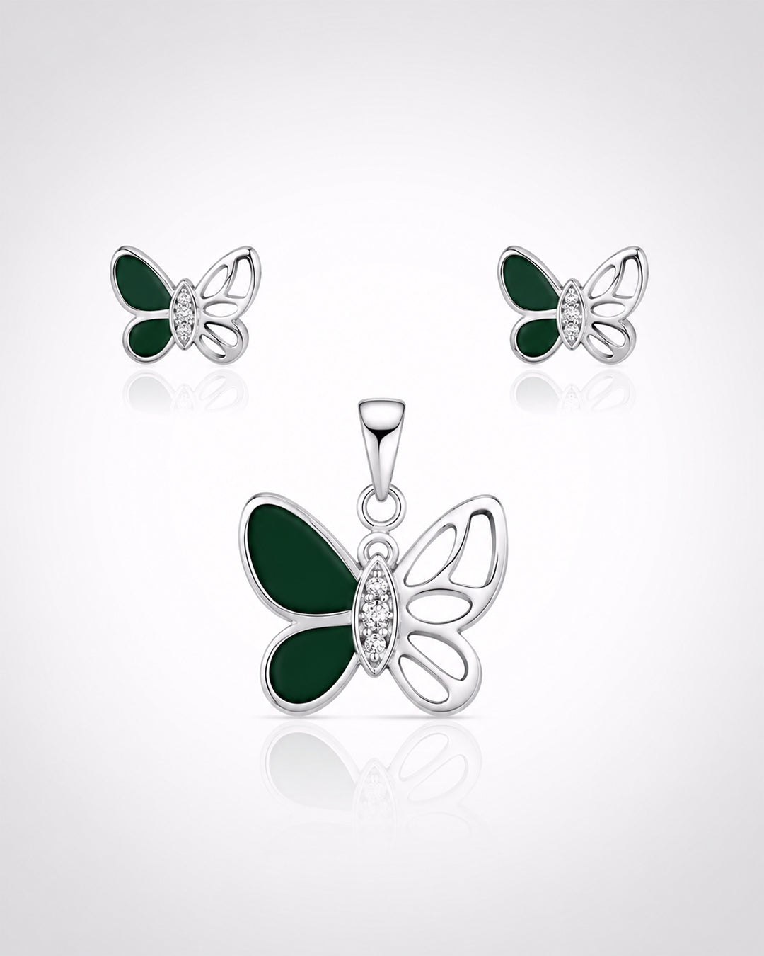 Green Enamel Butterfly Pendant & Stud Set