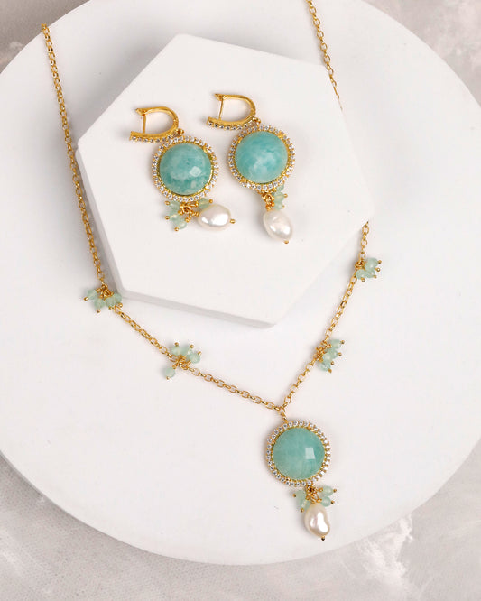 Amazonite & Freshwater Pearl Gold Necklace & Earring Set