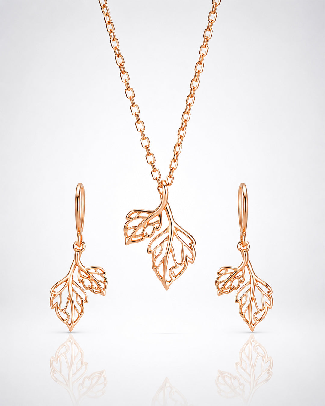 Rose Gold Filigree Leaf Pendant & Huggie Drop Earring Set