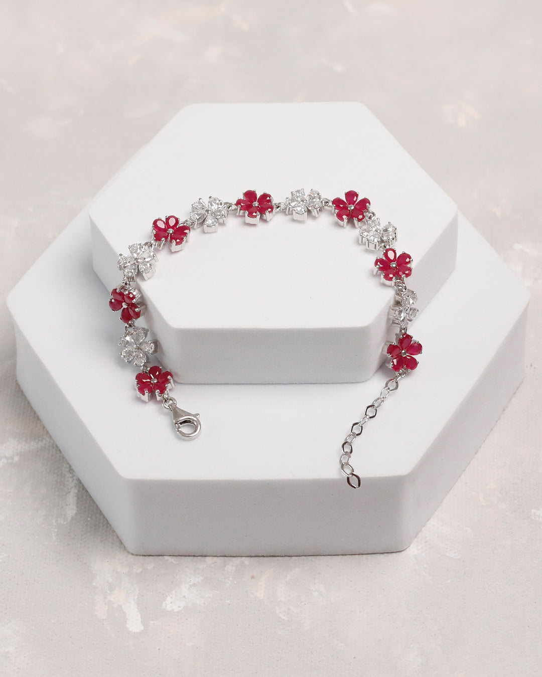 Ruby Sparkle Flower Tennis Bracelet (925 Silver)