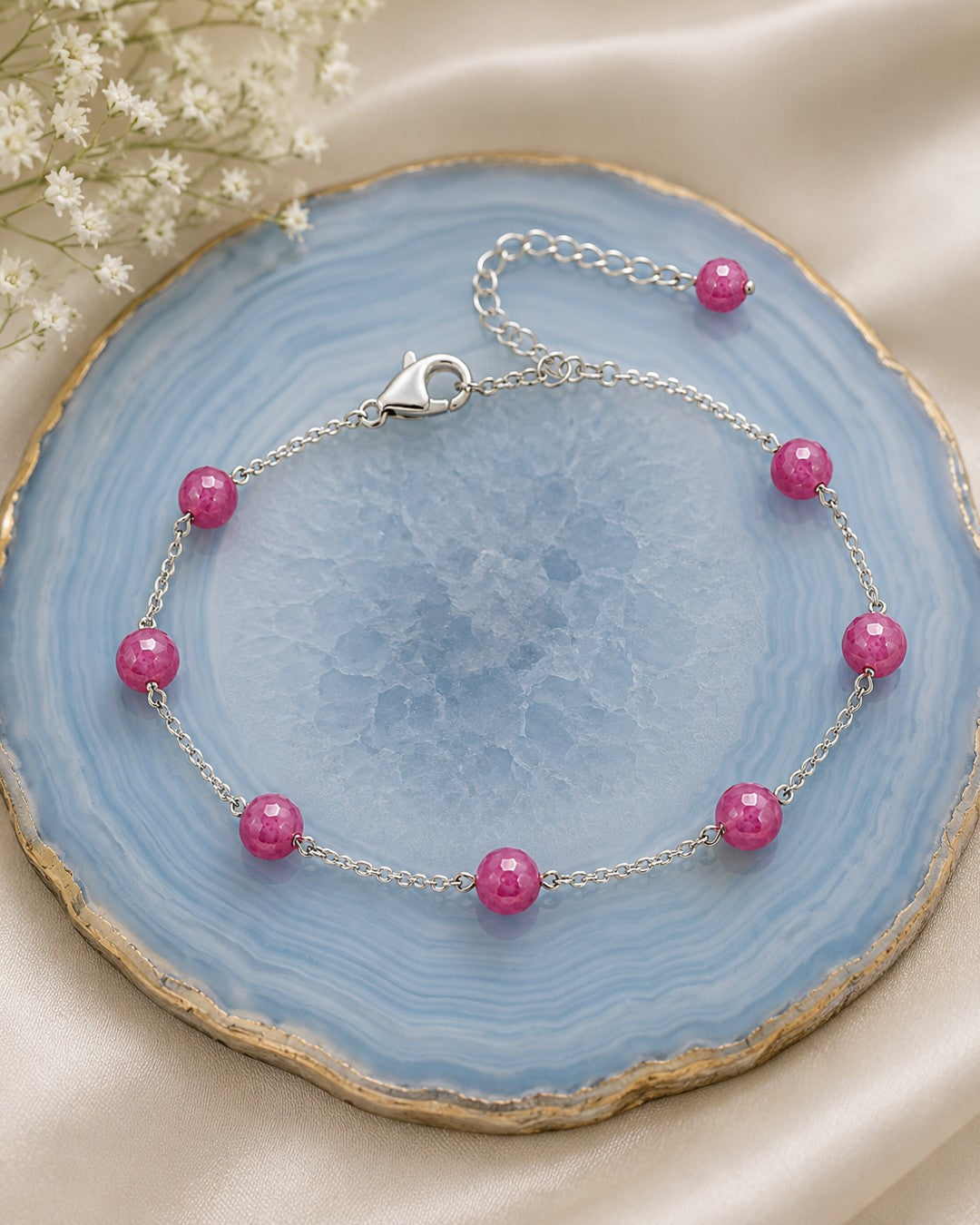 Faceted Ruby Bead Station Silver Bracelet (925 Silver)
