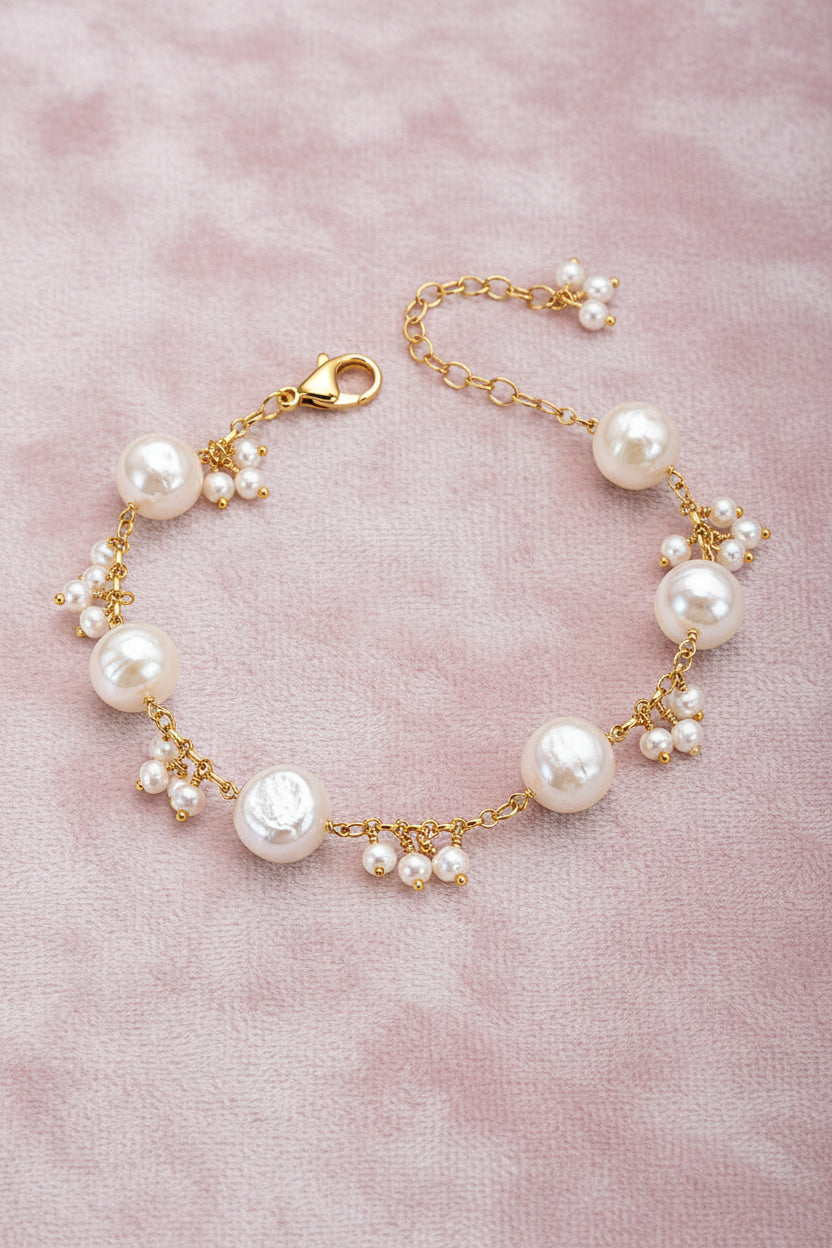 Baroque Pearl & Seed Pearl Cluster Gold Bracelet (925 Silver)