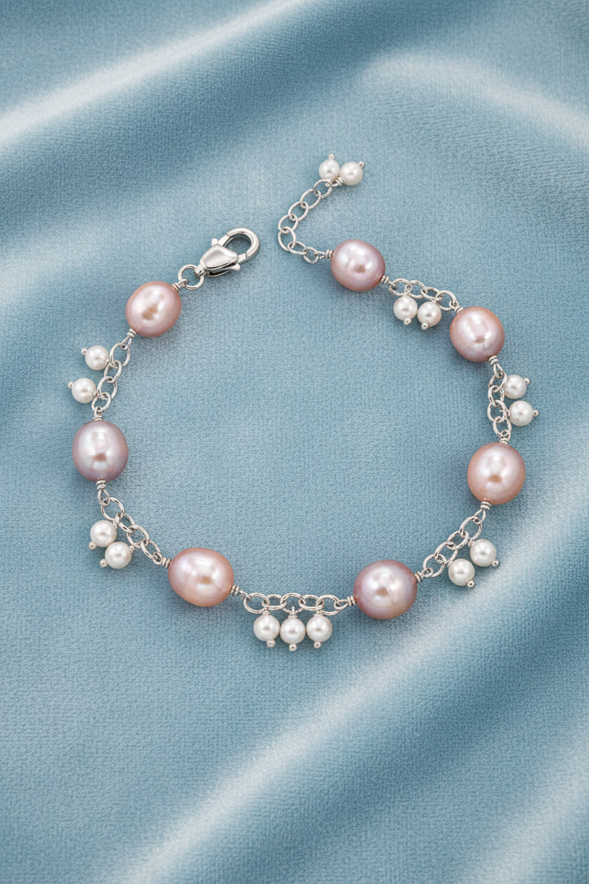 Pink Coin Pearl & Seed Pearl Cluster Silver Bracelet (925 Silver)