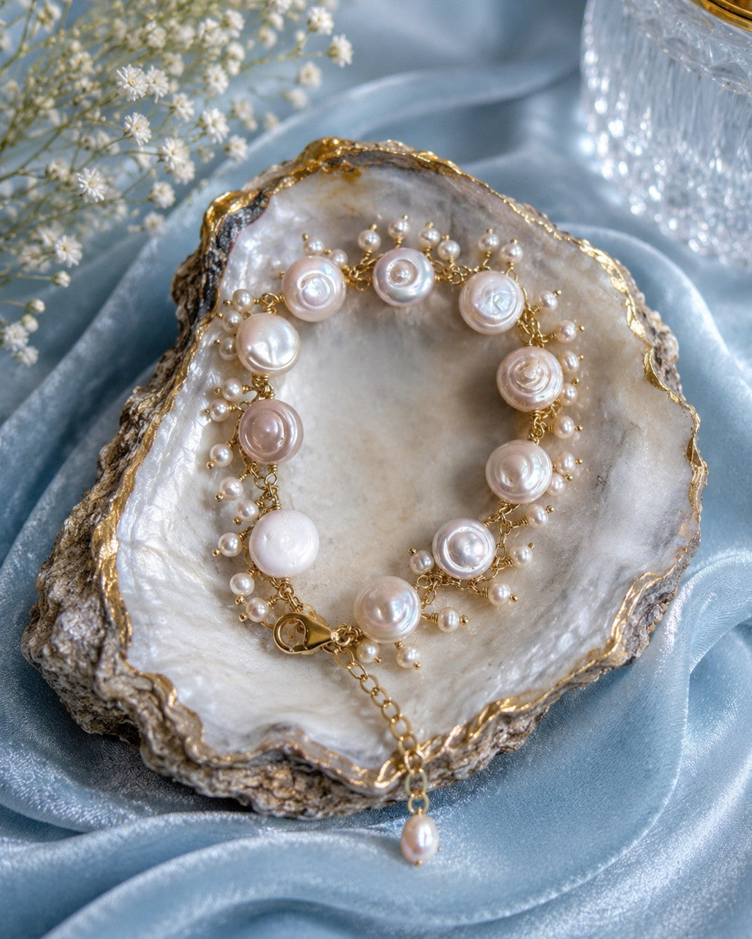 Coin Pearl & Seed Pearl Cluster Gold Bracelet (925 Silver)