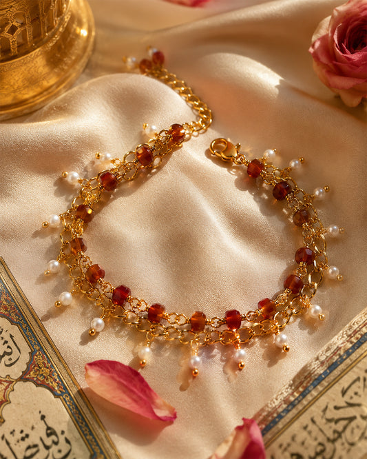Amber Cube & Freshwater Pearl Double Fringe Gold Bracelet (925 Silver)