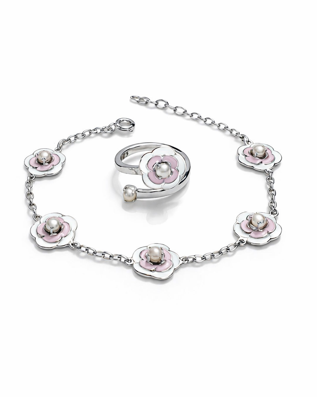 Rosetta White Pink Bracelet with Ring (925 Silver)