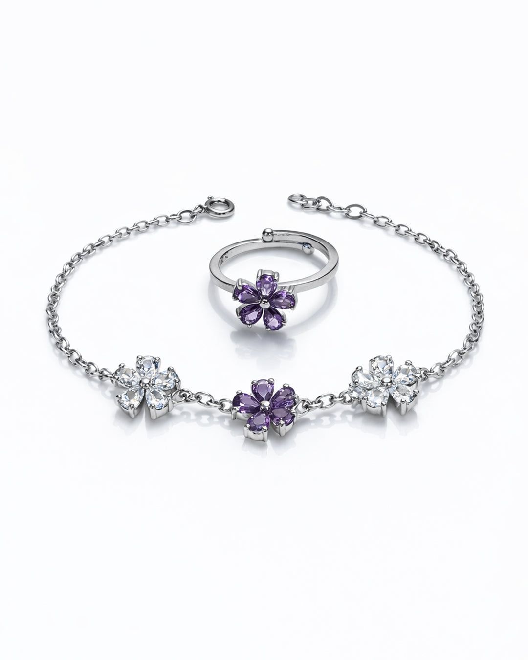 Blooming Three Flower Amethsty Bracelet with Ring (925 Silver)