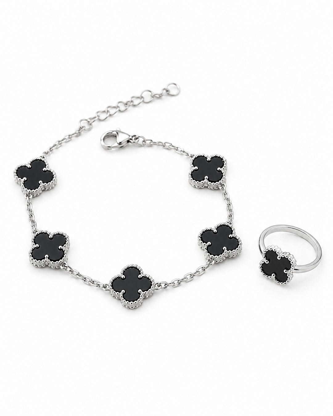 Clover Black Bracelet with Ring (925 Silver)