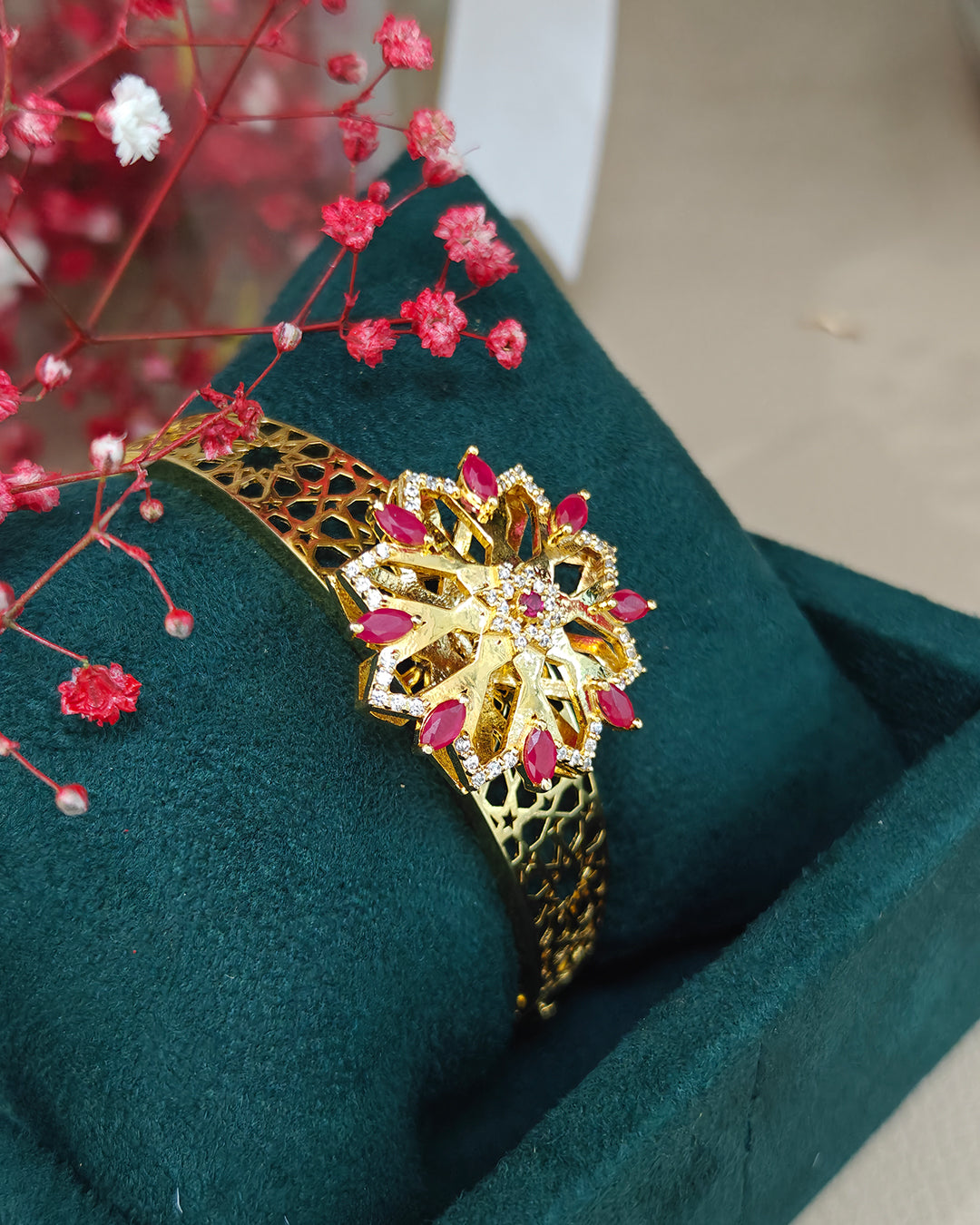Arabic Ruby Starburst CZ Cuff & Ring Set – 925 Silver