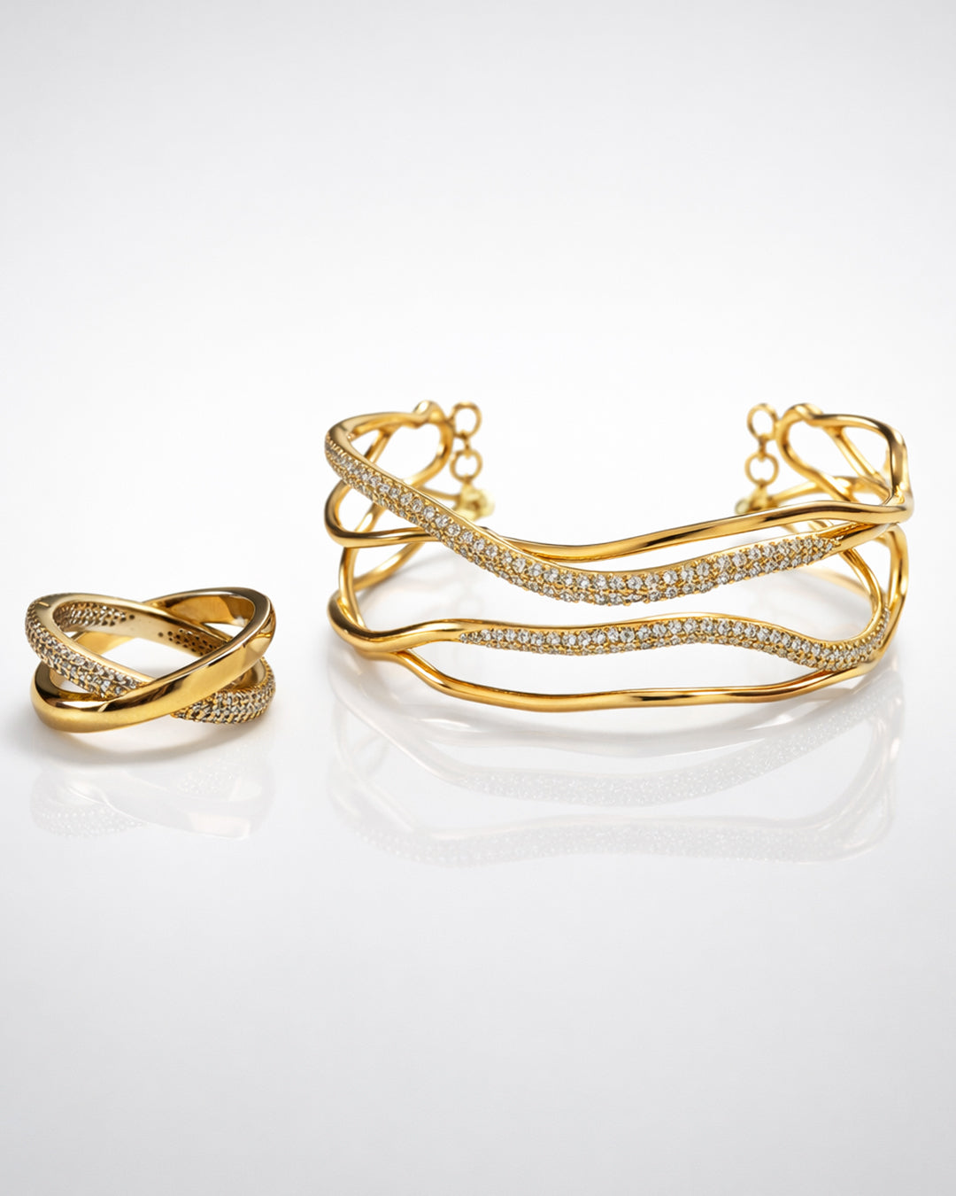 Wave Pave CZ Cuff & Ring Set – 925 Silver