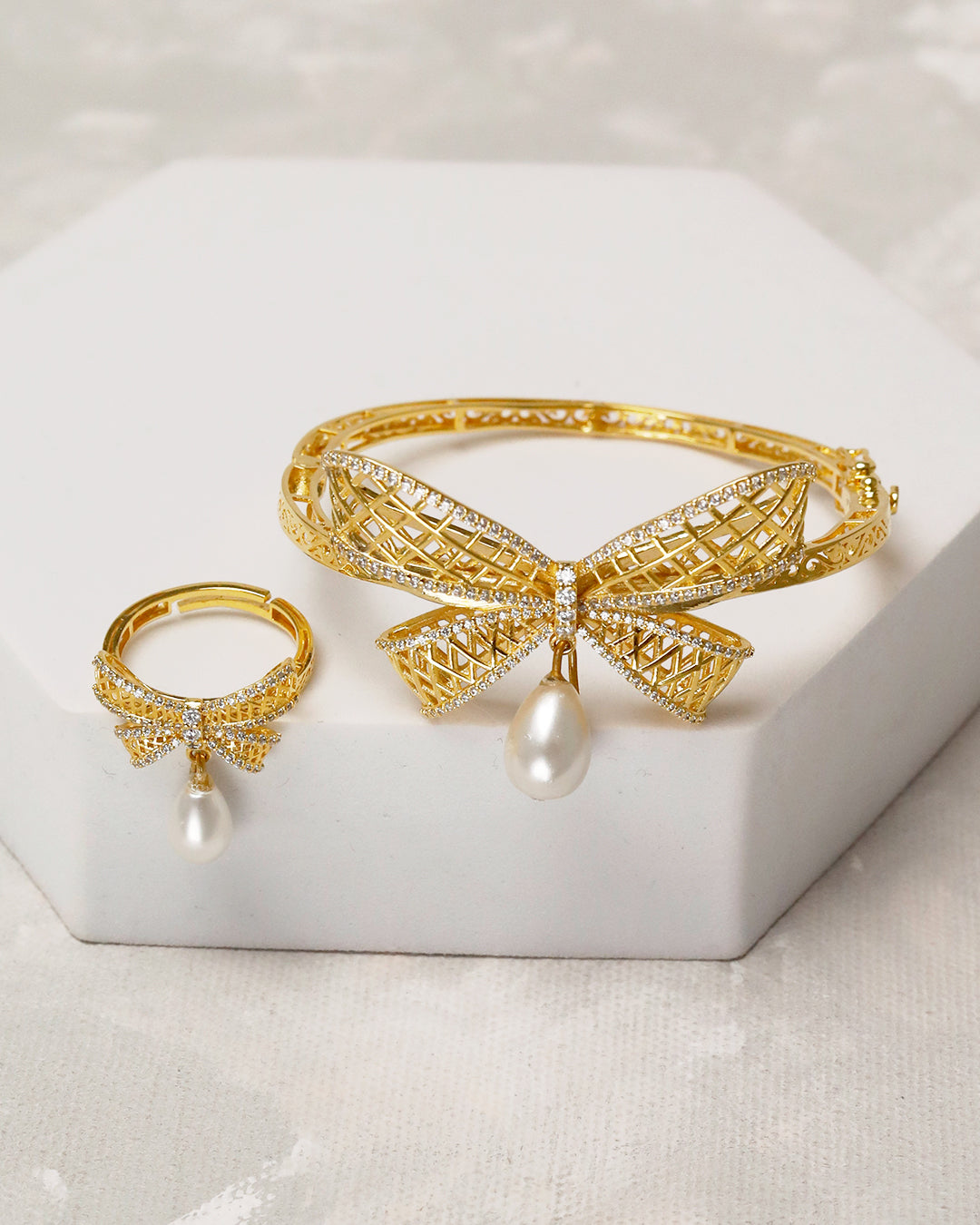 Pearl Bow Luxe Cuff & Ring Set – 925 Silver