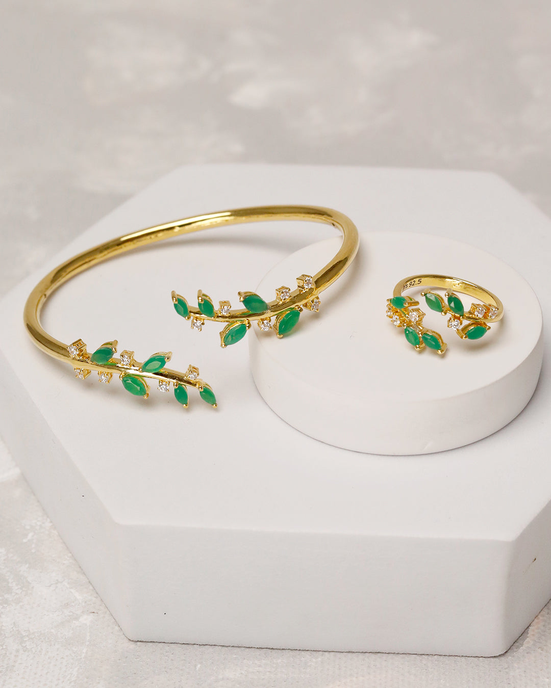 Green Marquise Open Cuff & Ring Set – 925 Silver