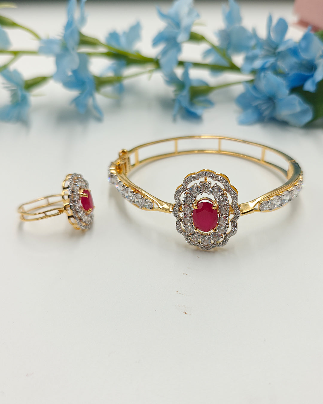 Scallop Ruby Open Cuff Bangle & Ring - 925 Silver