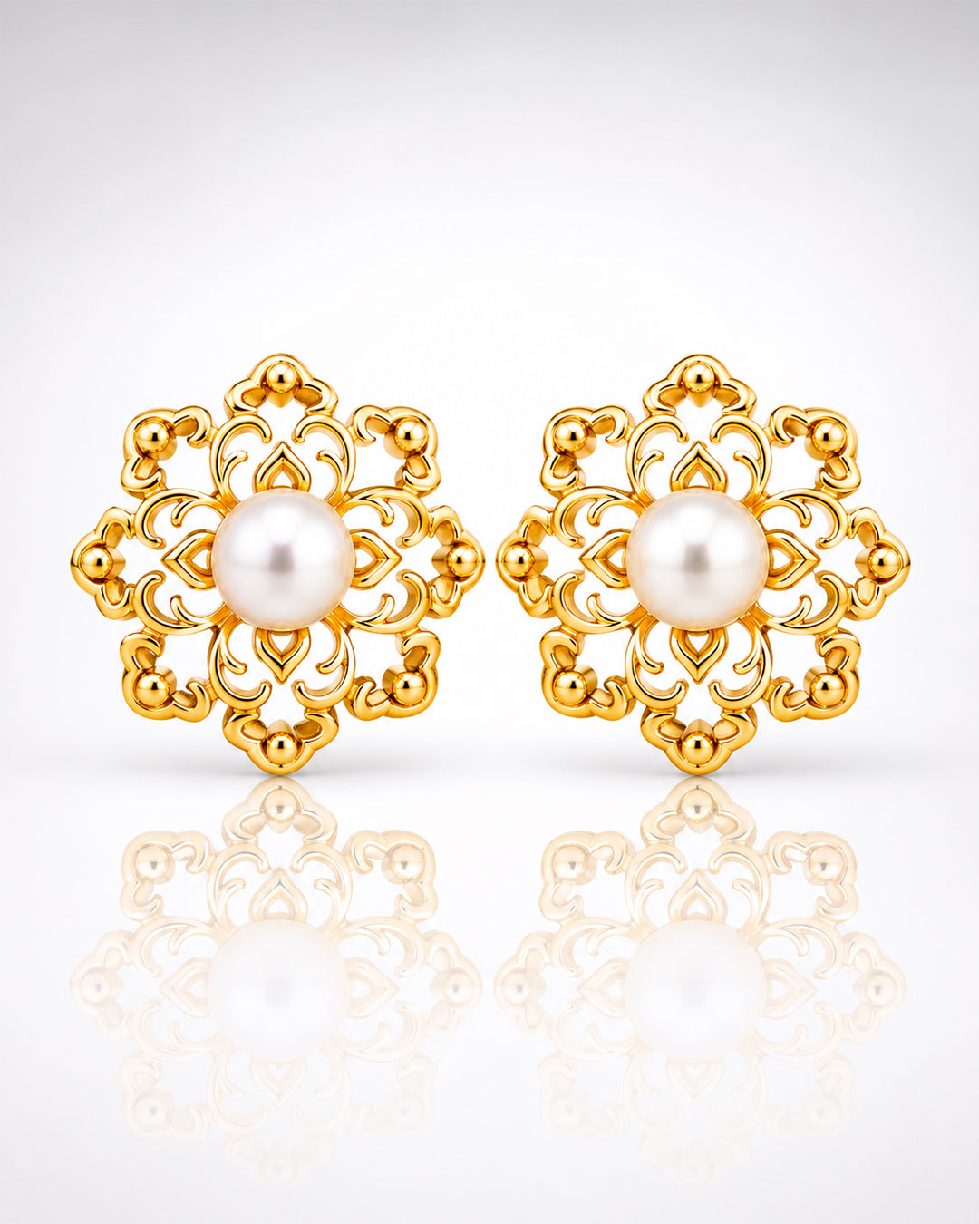 Filigree Mandala Pearl Centre Stud Earrings – Gold Plated 925 Silver