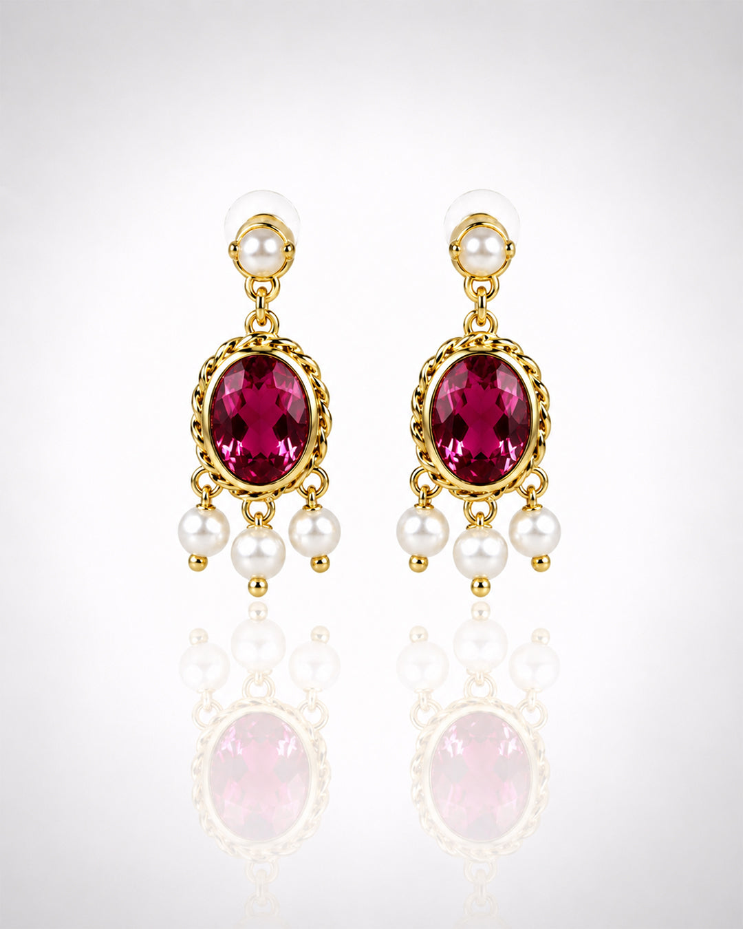 Oval Hydro Ruby & Pearl Chandelier Drop Earrings – Gold Plated 925 Silver