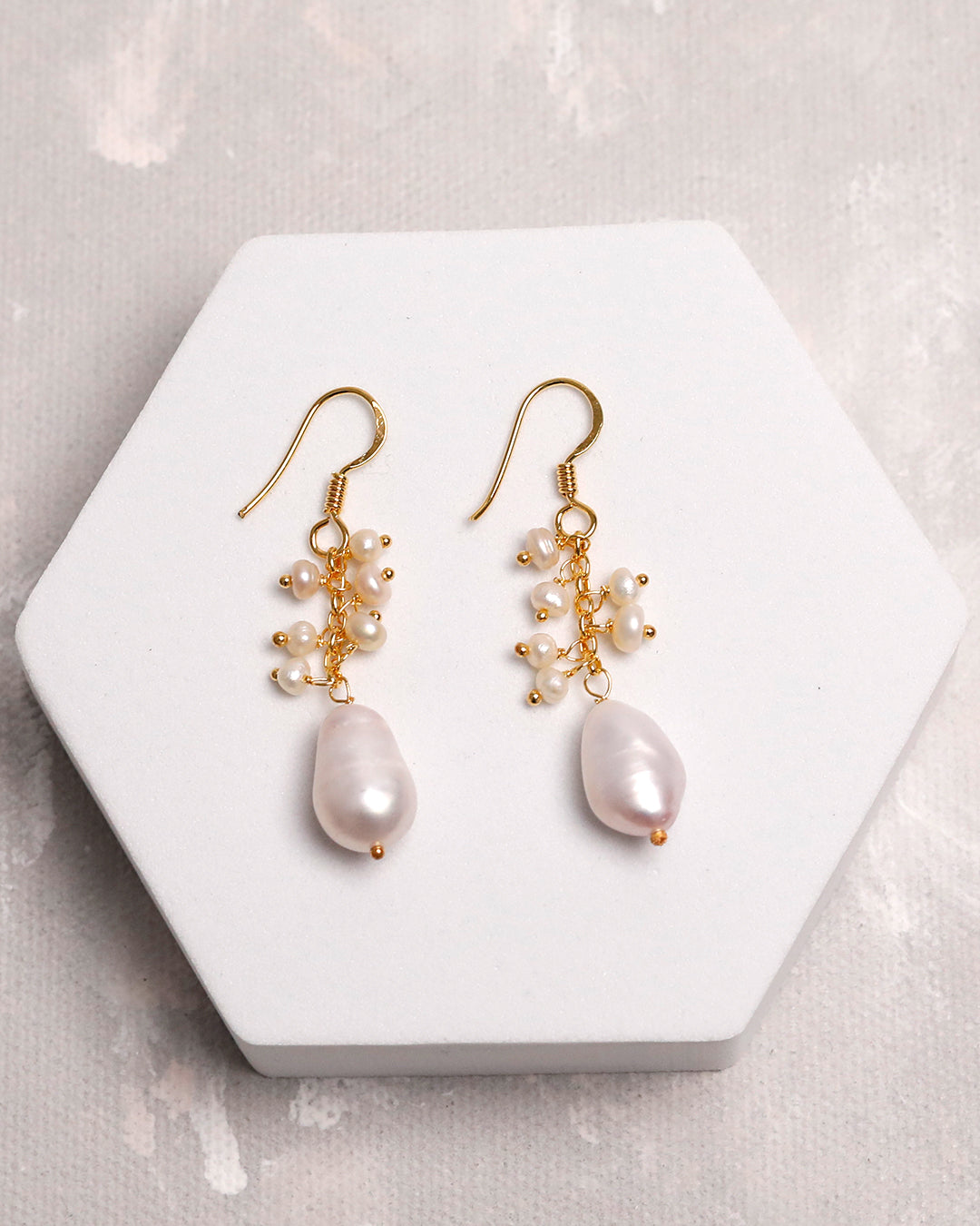 Baroque Freshwater Pearl Cluster Drop Earrings – Gold Plated 925 Silver