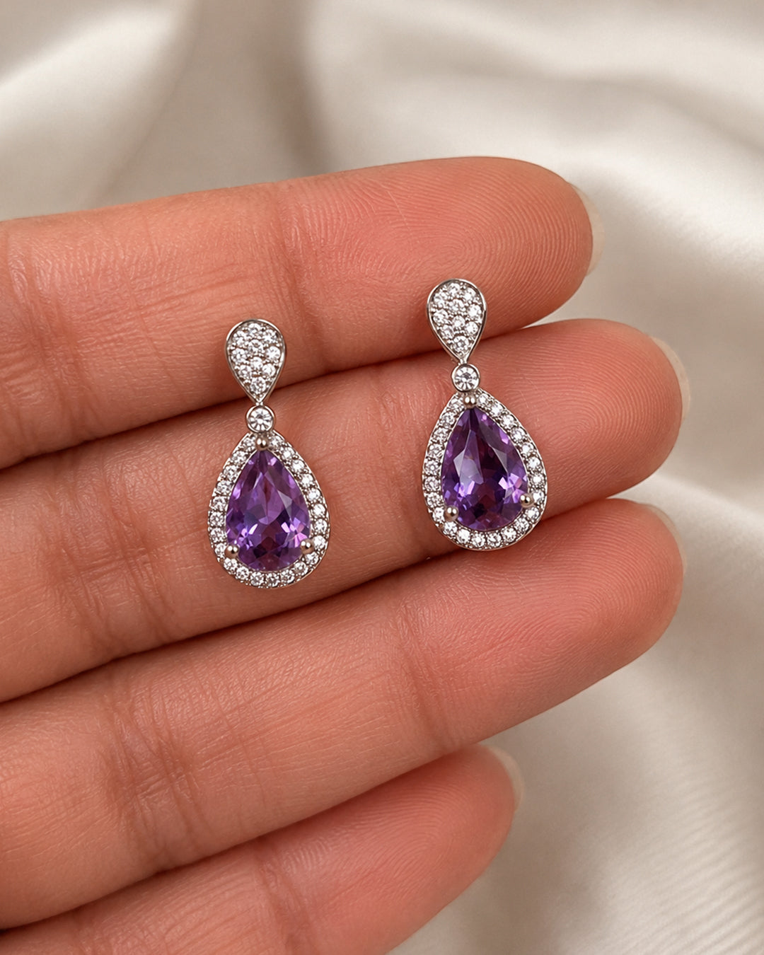 Pear Amethyst Halo Drop Earrings – 925 Silver