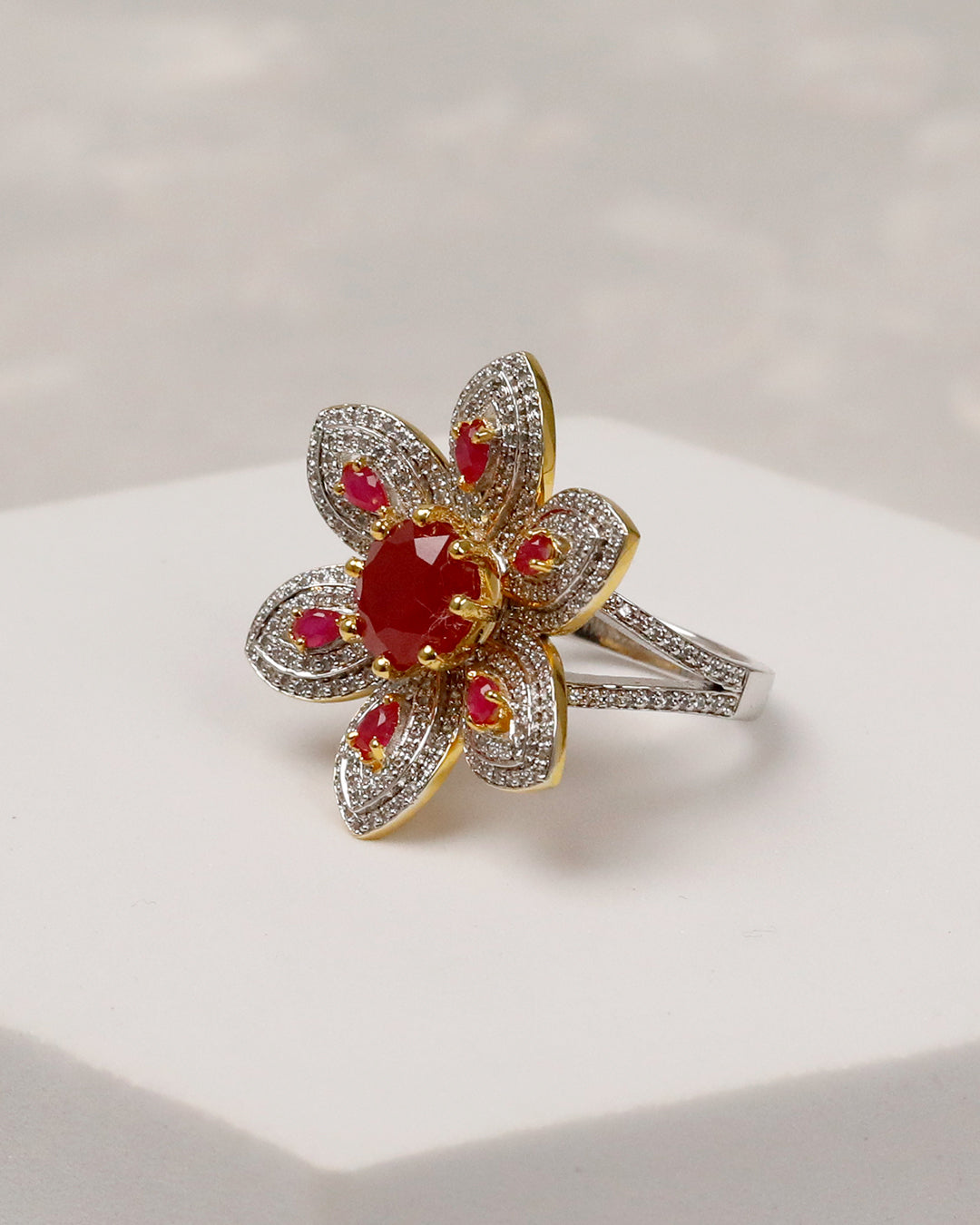 Ruby Bold floral cocktail Ring (925 Silver)