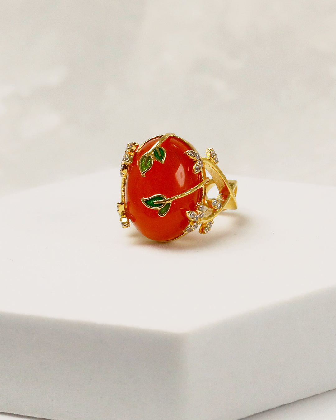 Carnelian Leaf Enamel Embrace Ring (925 Silver)