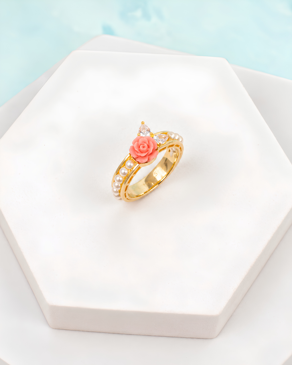 Coral Rose & Pearl Band Ring