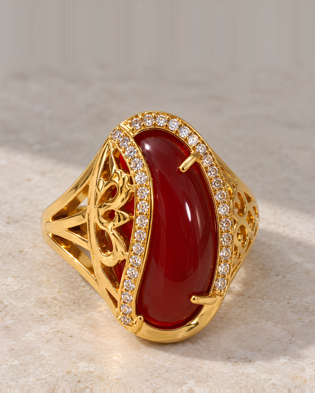 Red Aqeeq Oval CZ Halo Islamic Motif Ring (Gold)