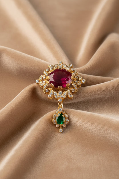 Royal Mughal Brooch in 925 Silver | Oval Ruby Centre with Emerald Drop