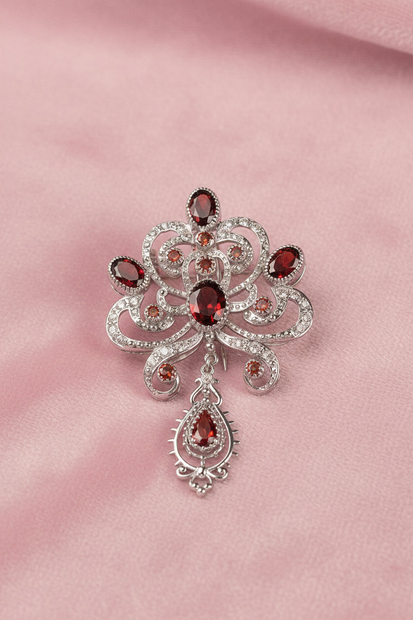 Victorian Chandelier Brooch in 925 Silver | Multi-Stone Garnet Arrangement