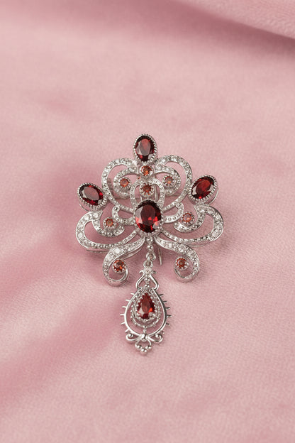 Victorian Chandelier Brooch in 925 Silver | Multi-Stone Garnet Arrangement