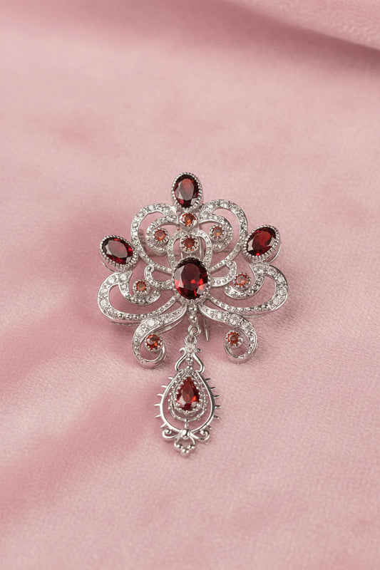 Victorian Chandelier Brooch in 925 Silver | Multi-Stone Garnet Arrangement