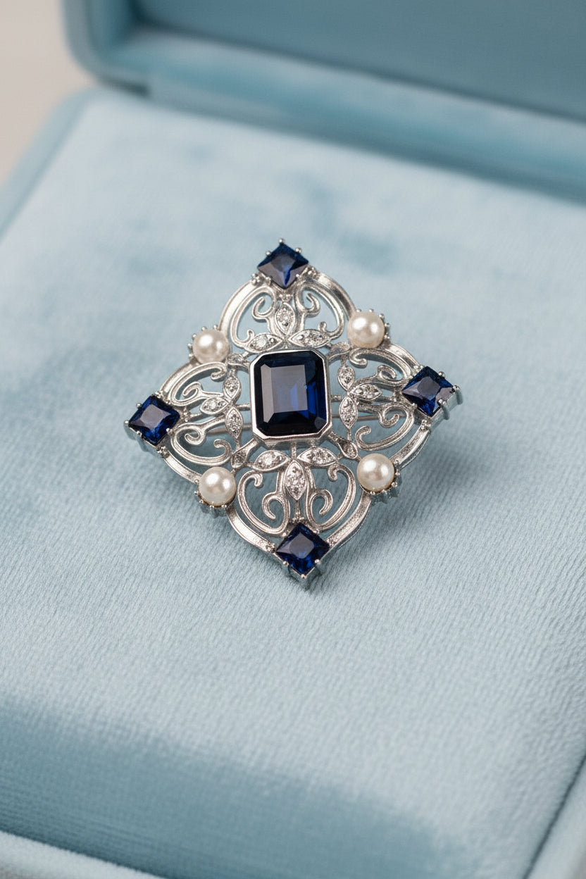 Art Deco Diamond Brooch in 925 Silver | Multi-Sapphire & Pearl Composition