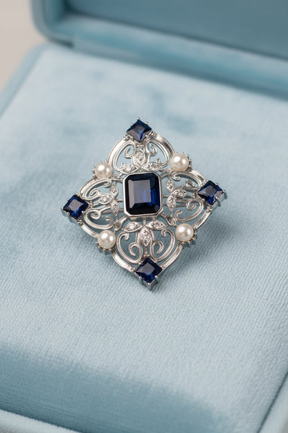 Art Deco Diamond Brooch in 925 Silver | Multi-Sapphire & Pearl Composition