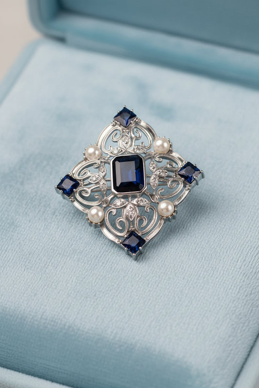Art Deco Diamond Brooch in 925 Silver | Multi-Sapphire & Pearl Composition