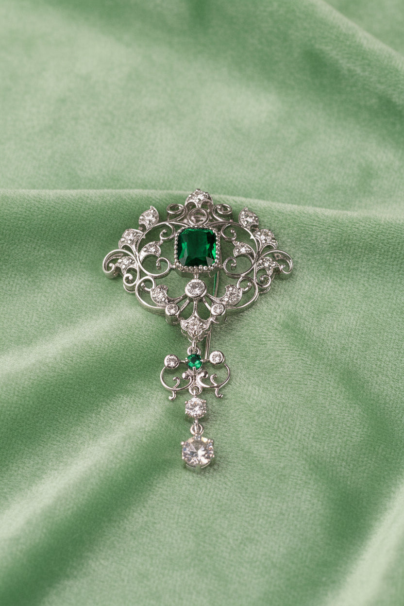 Edwardian Scroll Brooch in 925 Silver | Emerald-Cut Green Stone Centre