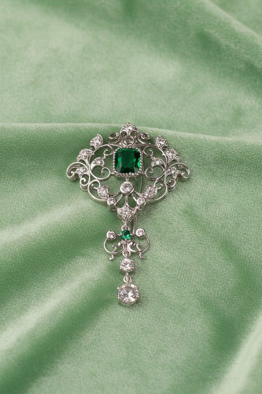 Edwardian Scroll Brooch in 925 Silver | Emerald-Cut Green Stone Centre
