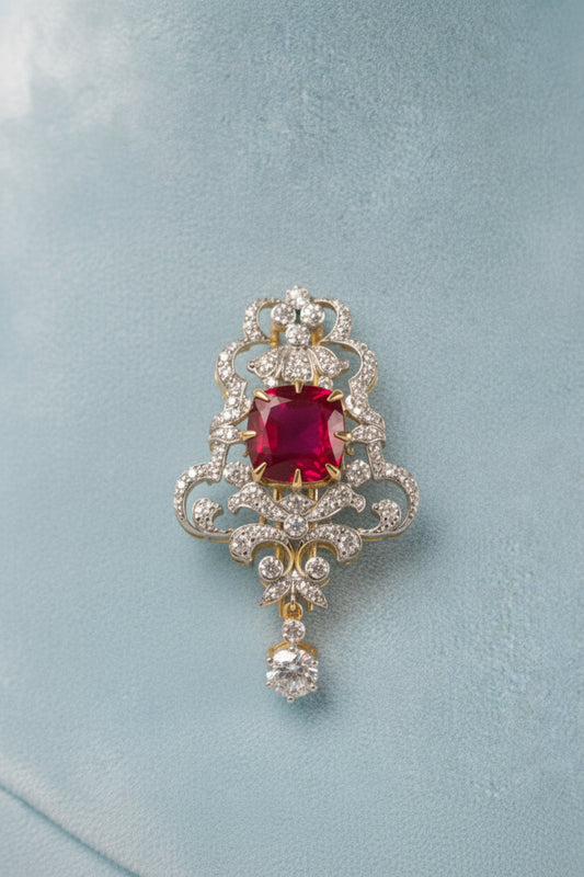 Victorian Filigree Brooch in 925 Silver | Cushion-Cut Ruby Centre Stone