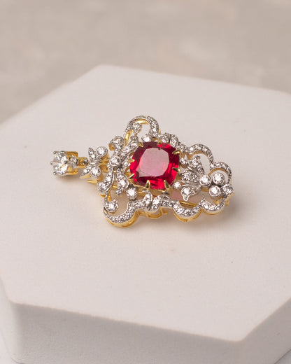 Victorian Filigree Brooch in 925 Silver | Cushion-Cut Ruby Centre Stone
