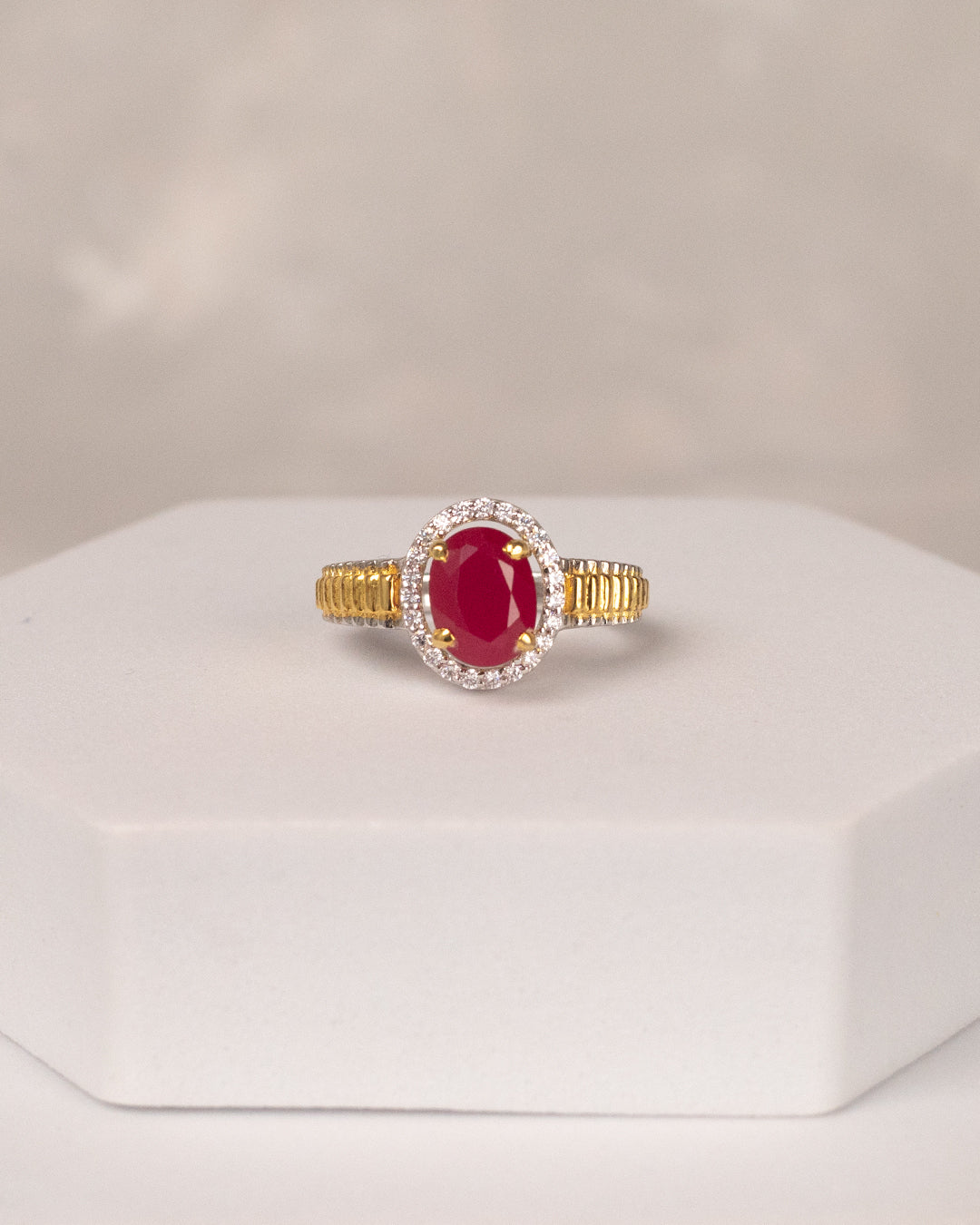 Dual-Tone Ruby Halo Ring with Gold Band