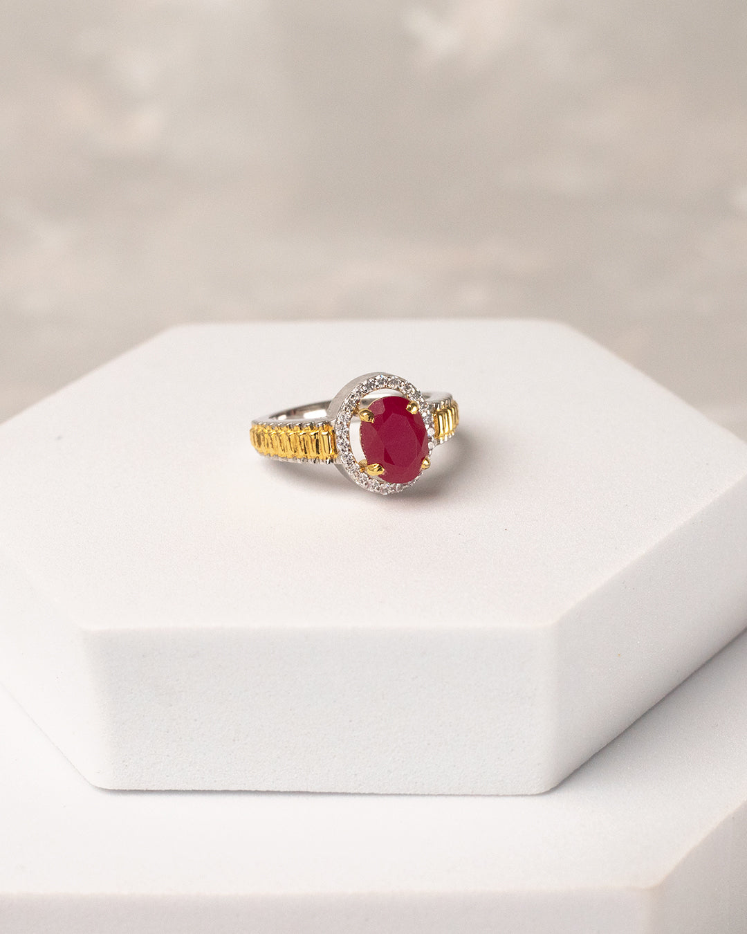 Dual-Tone Ruby Halo Ring with Gold Band