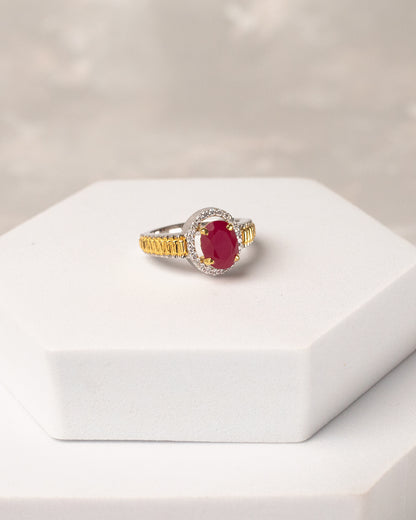 Dual-Tone Ruby Halo Ring with Gold Band