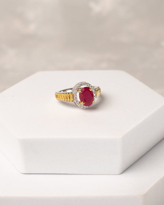Dual-Tone Ruby Halo Ring with Gold Band