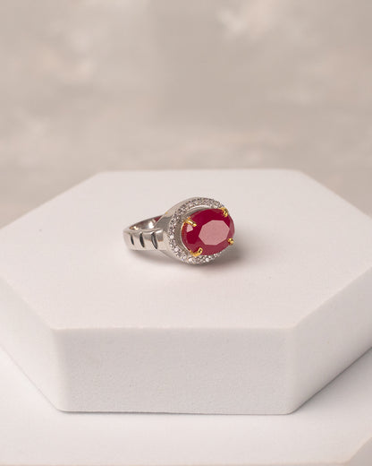 Oval Ruby Crescent Halo Ring