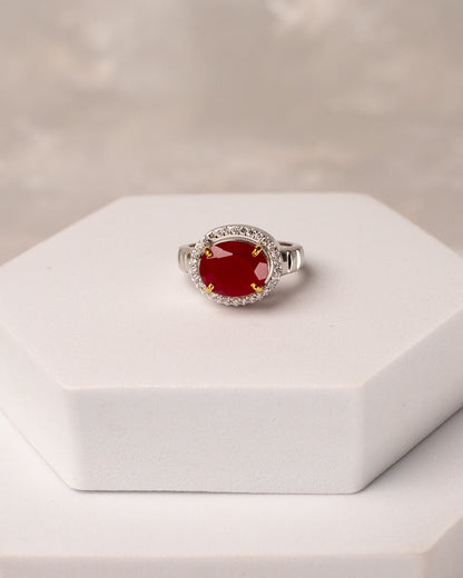 Oval Ruby Crescent Halo Ring